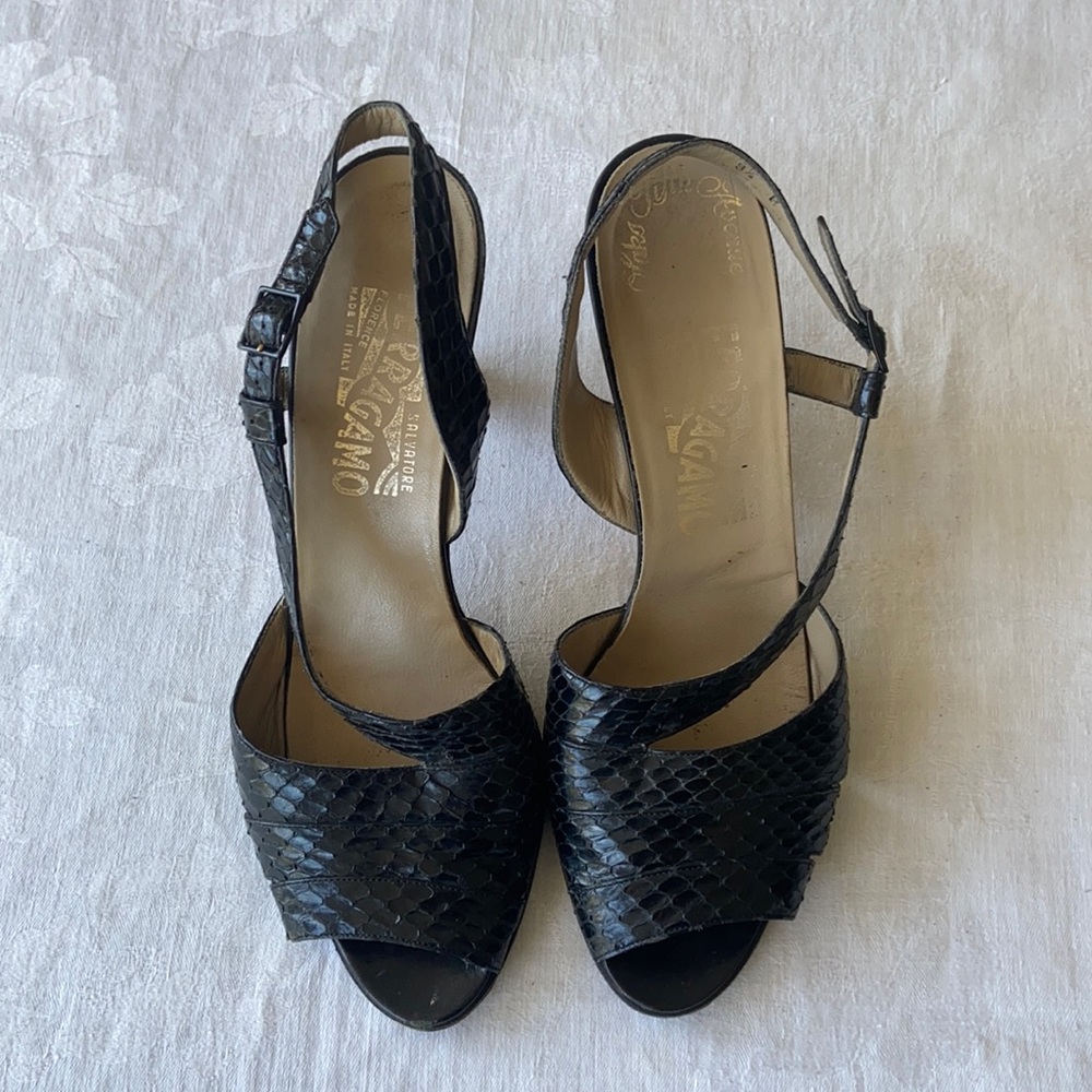 Salvatore Ferragamo black snakeskin kitten heals